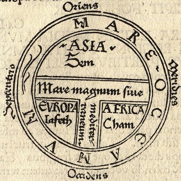 T & O map of Guntherus Ziner, 1472.  Asia is at the top, europe the bottom left, and Africa the bottom right.  The medeterranean is in the middle and the ocean surrounds.  Source:  Wikipedia