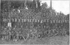 School children in Eastern Congo, early 20th. Century. Virtually all are apparently suffering from marasmus, and many also from parasites, for which swollen bellies are also an indicator.
